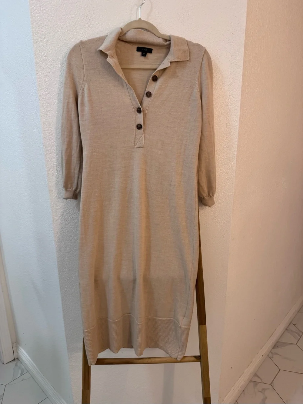 J. Crew Cream Long-Sleeve Polo Knit Dress 100% Merino Wool Comfy Relaxed Fit